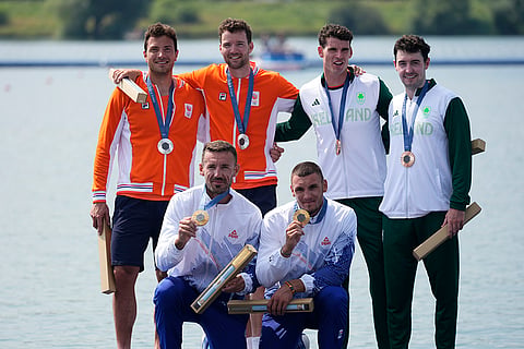 Winners during medals ceremony for the men's double sculls final